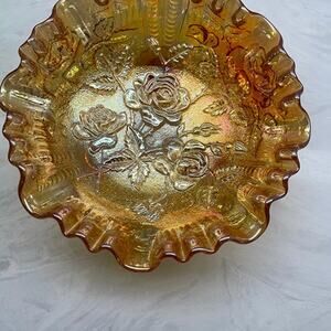 Vintage Imperial Marigold Carnival Glass Open Rose Luster Rose 3-Footed Bowl